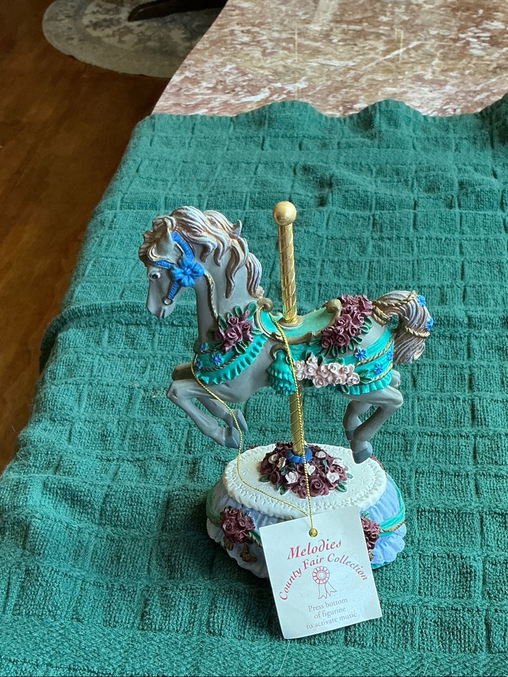 Melodies Carousel Horse Music Box - Teal and Gold Decorative Figurine